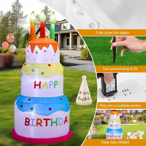 Vista 6 de Pastel inflable de feliz cumpleaños de 6 pies con velas, luces LED integradas, adecuado para decoración de césped en interiores y exteriores