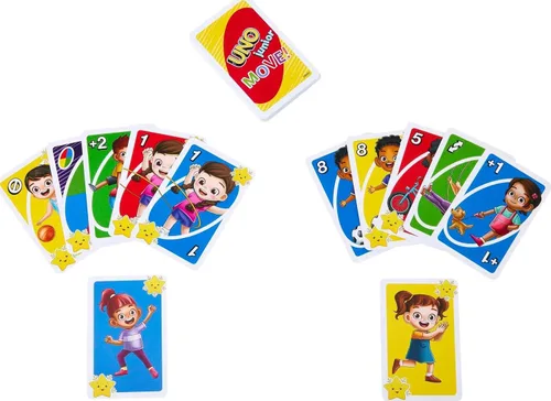Vista 6 de Mattel Games UNO Junior Move - Juego de cartas para niños con reglas de acción para noche familiar, noche de juegos, viajes, campamento y fiesta