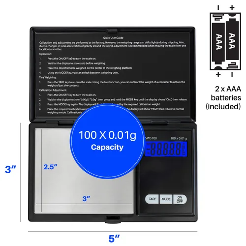 Vista 6 de Smart Weigh SWS100 - Báscula digital de bolsillo – Báscula de alta precisión de 3.53 oz x 0.00 oz para recargar, joyas, gemas y medicinas – LCD