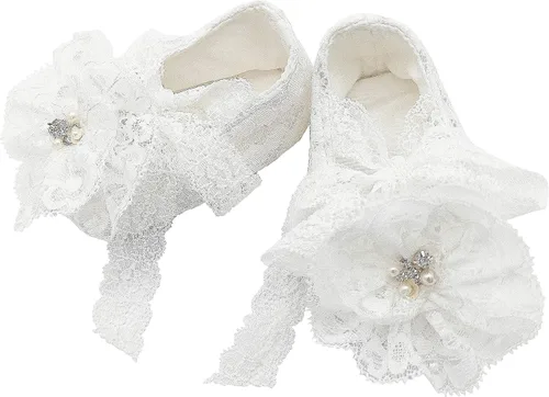 Vista 4 de Glamulice Conjunto de zapatos y diadema para recién nacidos, para bautizo, bautizo, sesión de fotos, comunión, para recién nacidos