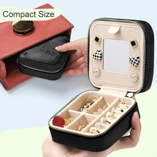 Vista 5 de Sightor Joyero organizador de terciopelo para viaje, pequeño joyero con espejo, portátil, estuche de almacenamiento de joyas para anillos, aretes