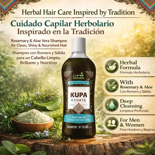 Vista 2 de Champú KUPA + FORTE con romero y aloe vera, 13.5 onzas líquidas, fórmula inspirada en huichol a base de hierbas, limpieza profunda y cuidado