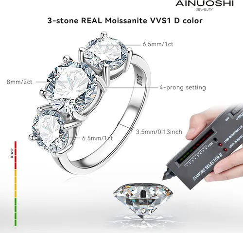 Vista 3 de AINUOSHI Anillo de compromiso de moissanita de 2 a 4 quilates, anillo de boda de 3 piedras para mujer, plata de ley 925, anillos de compromiso