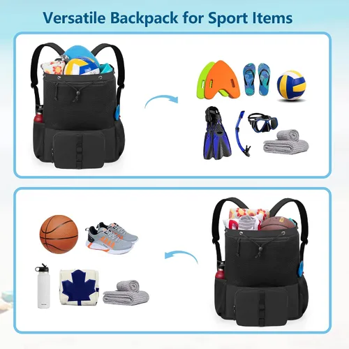 Vista 7 de Fasrom Mochila de playa de malla con cremallera inferior, mochila deportiva para gimnasio, natación, playa, piscina y viajes (diseño patente), Negro