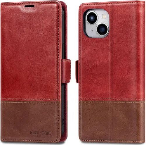Vista 12 de KEZiHOME Funda para iPhone 15, de piel auténtica, bloqueo RFID, carcasa interior de TPU, cierre magnético, ranura para tarjetas, a prueba de golpes