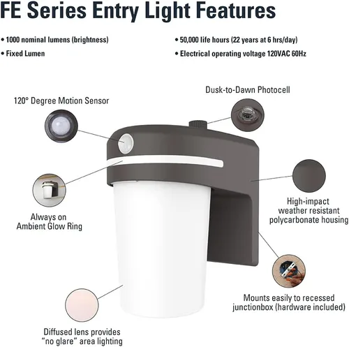 Vista 4 de HALO FE - Luz LED integrada equivalente a 60 W, sensor de movimiento, de bronce, luz de área del atardecer al amanecer, 3500K