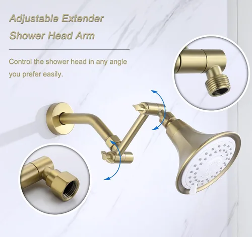 Vista 3 de Brazo de extensión de cabezal de ducha de oro cepillado de 4", Senhozi brazo de extensión de ducha ajustable para cabezal de ducha de lluvia