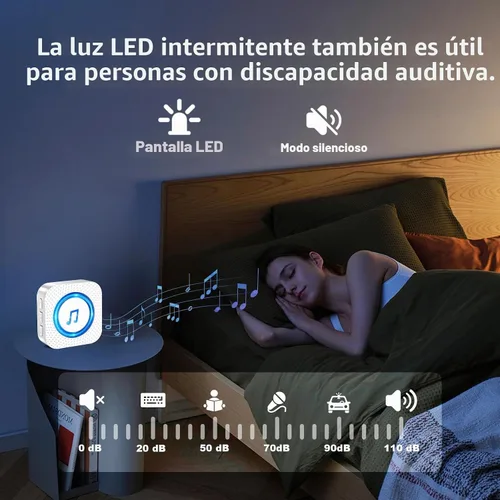 Vista 4 de SURFOU Timbre inalámbrico para puerta, impermeable, fácil de instalar - Alcance de 1300 pies, 55 melodías, 5 niveles de volumen ajustables - Luz LED