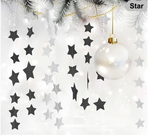 Vista 2 de Guirnalda colgante de estrella negra con purpurina, pancarta de papel brillante para decoración de pared del hogar, fiesta temática de Halloween