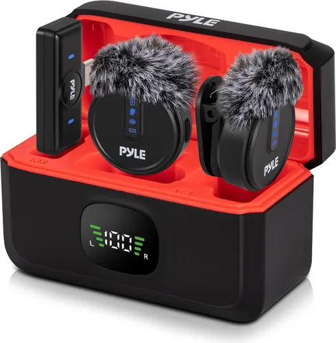 Vista 10 de Pyle Sistema de micrófono inalámbrico Lavalier, micrófono con clip con cancelación de ruido, batería 7H, audio de 360°, funda de carga USB-C
