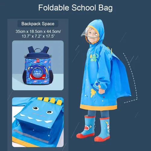 Vista 6 de Chubasquero para niños y niñas, poncho de lluvia con capucha, impermeable, impermeable, reutilizable, para lluvia de 4 a 18 años