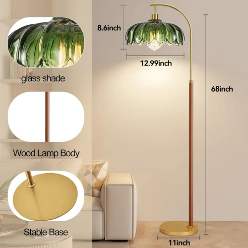 Vista 5 de Lámparas de pie de madera para sala de estar, lámpara de pie dorada con control remoto y pantalla de cristal, lámpara de arco de flores, lámpara