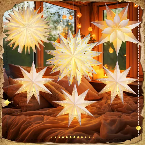 Vista 6 de Watersay Paquete de 6 Faroles de Papel de Copo de Nieve de Navidad Faroles de Papel de Estrella de Navidad con 6 Luces LED Blancas Ornamentos