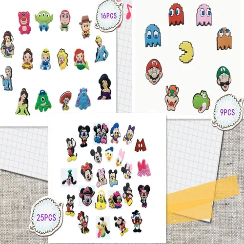 Vista 2 de 50 dijes de cocodrilo para niños y niñas, MarioMickeyVideojuegoPrincesa, etc. Dijes para decoración de zapatos y pulsera, regalos de fiesta