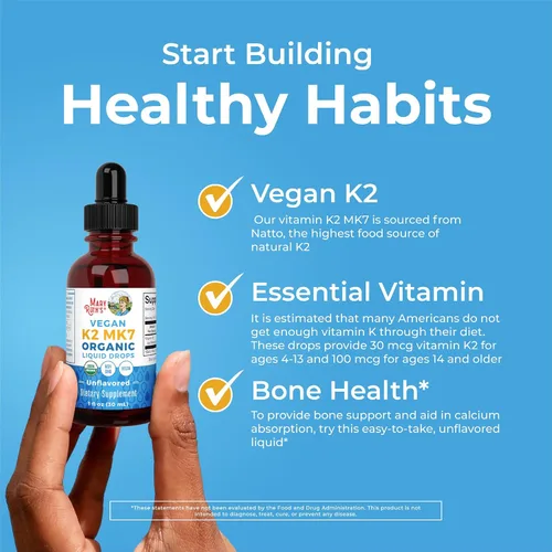 Vista 6 de MaryRuth’s Gotas Líquidas de Vitamina K2 MK7 Orgánicas USDA para Adultos y Niños Obtenidas de Natto Menaquinona- 7 Vitamina K2 Vegana