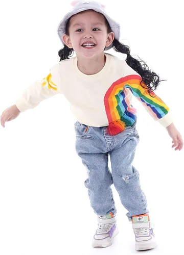 Vista 4 de BINIDUCKLING Sudadera de manga larga con diseño de arcoíris para niñas de 18 meses a 6 años Arco iris