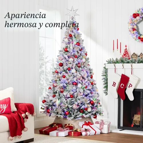 Vista 3 de Best Choice Products - Árbol de Navidad artificial preiluminado de 7.5 pies con nieve artificial, pino, 2-en-1 luces LED blancas y multicolor, Verde