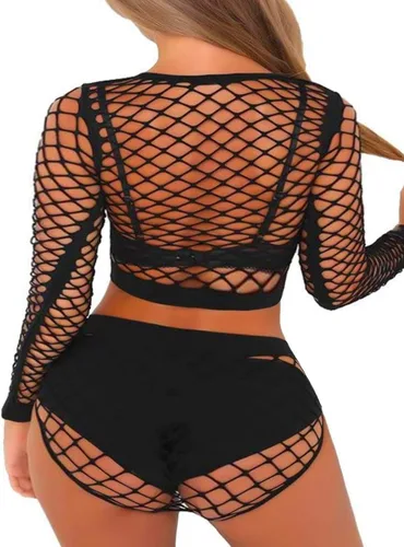 Vista 3 de FasiCat Mini vestido de lencería de malla para mujer, de tamaño libre, con malla transparente, manga larga