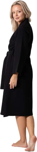 Vista 4 de Turkish Linen Bata tipo kimono ligera de punto gofre, para spa y baño, para mujer, de secado rápido, suaves Negro