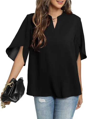 Vista 2 de Funlingo - Blusas de verano para mujer, manga corta, casual, cuello en V, blusa elegante de gasa
