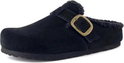 Vista 9 de CUSHIONAIRE Haven - Zuecos de cuero genuino para mujer, zapatos sin cordones con forro de piel sintética con plantilla de corcho y hebilla ajustable