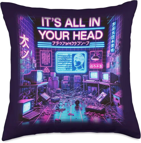 Vista 4 de It's All In Your Head Cyberpunk - Almohada estética japonesa con ondas de vapor