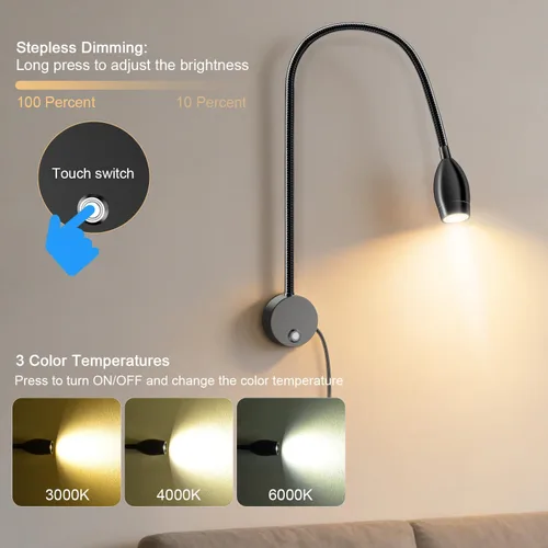 Vista 2 de ERAY 1 paquete de 1 luz LED de lectura para cama montada en la pared Touch Control, 3 Dimmable, 360°Flexible Gooseneck Headboard Book Reading