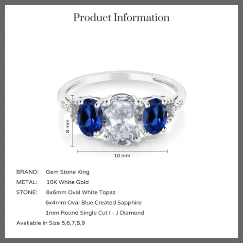 Vista 4 de Gem Stone King Anillo de compromiso de 3 piedras de oro blanco de 10 quilates con topacio azul creado con zafiro y diamantes para mujer