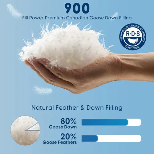 Vista 5 de Almohada de plumón de ganso blanco canadiense de lujo, tamaño estándar, 750+ potencia de relleno, funda de algodón de 800 hilos, almohadas de plumón