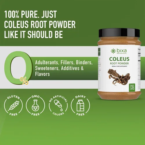 Vista 4 de bixa BOTANICAL Coleus Forskohlii Root Powder Hierba rica en forskolina 7.05 oz / 7 onzas Sin gluten, tratado al vapor, vegano, 100% puro.