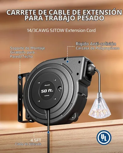 Vista 6 de DEWENWILS - Carrete de cable de extensión retráctil, cable de alimentación resistente de 50 pies, 14/3AWG SJTOW, tomas triples iluminadas, disyuntor