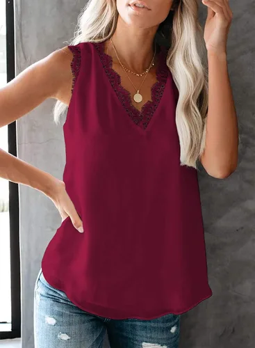 Vista 249 de VIISHOW - Camiseta sin mangas, sexy, con cuello en V y bordes de encaje para mujer, camisola de vestir, camisas de gasa, sin mangas, casuales