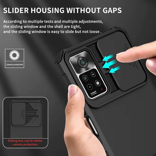 Vista 4 de Asuwish Funda de teléfono para Xiaomi Redmi Note 11 Pro 4G/5G con protector de pantalla de vidrio templado y cubierta de cámara deslizante Soporte