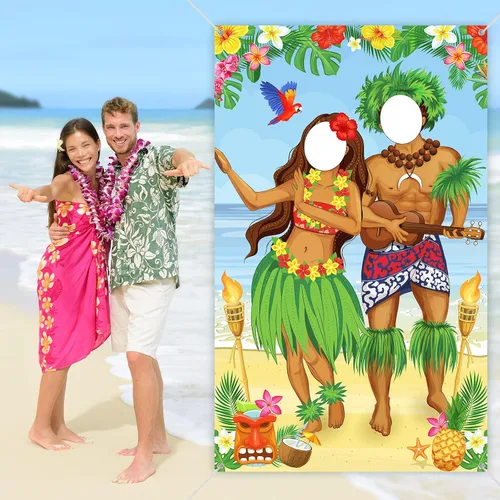 Vista 4 de Frienda Luau - Cartel de fotos para puerta de pareja, decoración de fiesta hawaiana de Tiki Luau, accesorios de fotos de Aloha Tiki para reunirse