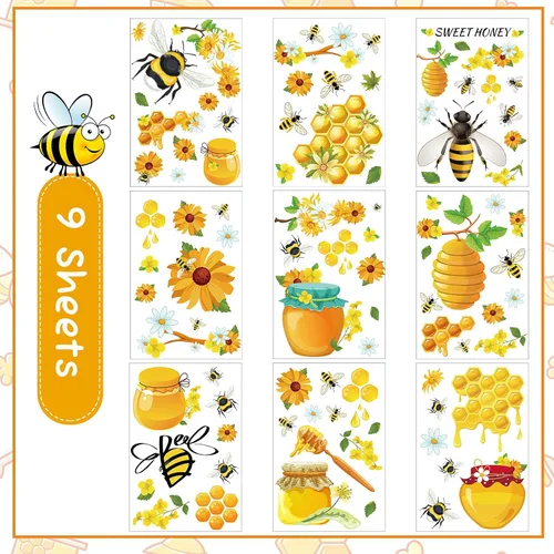 Vista 3 de Zonon 90 calcomanías de ventana de abeja de verano, calcomanías para ventana, calcomanías de girasol, calcomanías de panal, decoración de panal