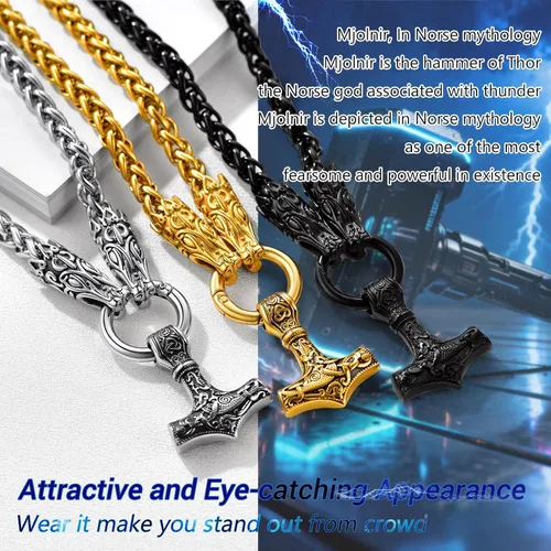 Vista 3 de PROSTEEL Thor Hammer/Thor Axe/Raven/Odin Necklace for Men Women Negro