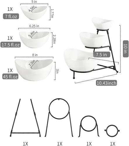 Vista 2 de YHOSSEUN Soporte de 3 niveles para servir con juego de 3 tazones ovalados de porcelana para servir con soporte de metal plegable más grueso