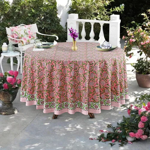 Vista 31 de Ridhi Mantel redondo estampado a mano color rosa flamenco 110 pulgadas 100%