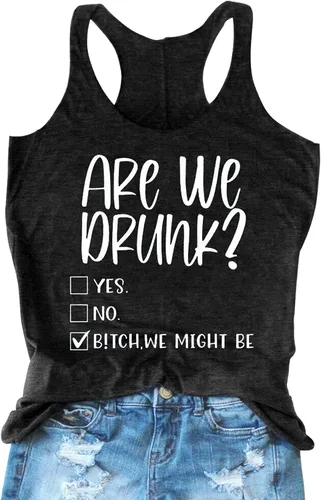 Vista 3 de Camiseta sin mangas con espalda cruzada para mujer, con texto en inglés "Am I Drunk", con texto en inglés "Am I Drunk" Azul
