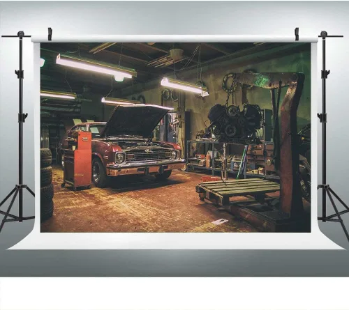 Vista 11 de Fondos de garaje antiguos para fotografía de 5 x 3 pies, fondos de reparación de automóviles temáticos para fiesta de fotos y accesorios de estudio