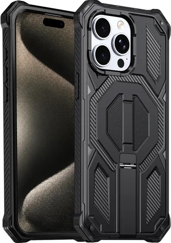 Vista 24 de Funda magnética para iPhone 15 con soporte y protector de pantalla [compatible con Magsafe] antideslizante, cuerpo completo, doble capa, resistente