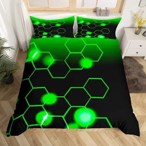 Vista 8 de Feelyou Juego de ropa de cama verde y negro tamaño individual para niños y adolescentes, juego de funda de edredón con temática hexagonal