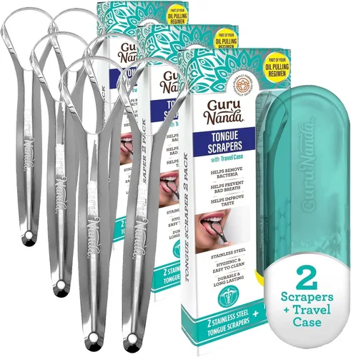 Vista 8 de GuruNanda Raspador de lengua para niños (paquete de 2) con estuche de viaje, acero inoxidable, ayuda al aliento fresco, limpiador de lengua apto