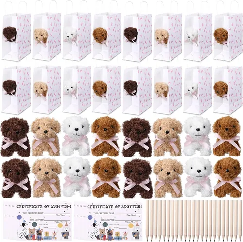 Vista 7 de HyDren Juego de 96 piezas de juguetes de peluche pequeños para perros de 4.7 pulgadas, bolsas de papel de peluche pequeños, tarjetas de adopción