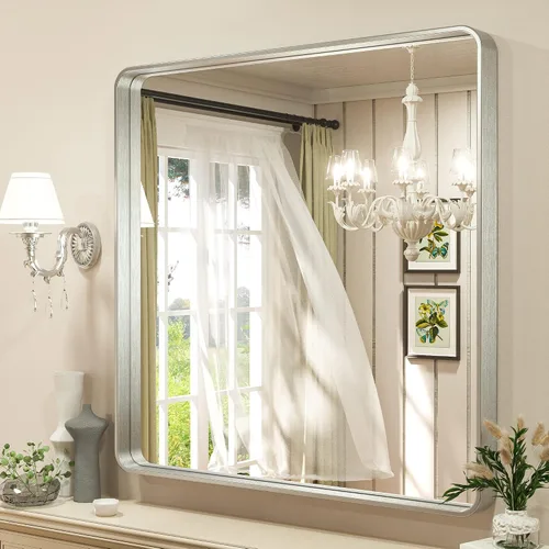 Vista 10 de Espejo de marco dorado cepillado de 16 x 24 pulgadas, espejo de tocador de baño de latón dorado para pared, espejo enmarcado rectangular de esquina