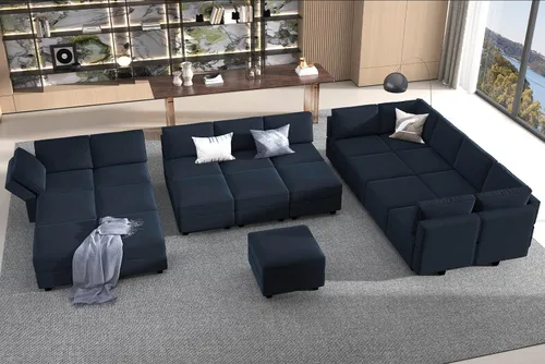 Vista 3 de Belffin Sofá modular grande con asiento de almacenamiento, sofá en forma de U de gran tamaño con tumbona reversible, juego de sofá modular con Azul