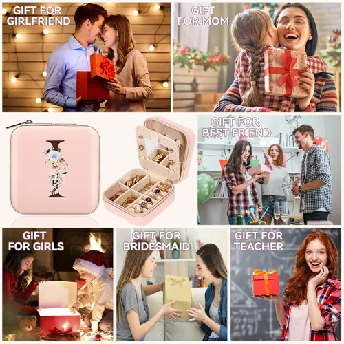 Vista 6 de Joyero de viaje para mujer, artículos esenciales de vacaciones para mujeres, anillo collar, aretes, caja organizadora de joyas con espejo, regalos