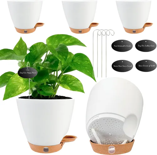 Vista 20 de Paquete de 5 macetas de riego automático de 6 pulgadas para plantas de interior, macetas pequeñas de plástico con indicador de nivel de agua