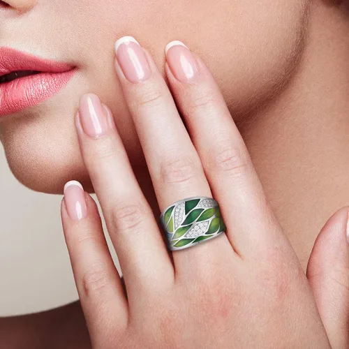 Vista 5 de Santuzza Anillo de plata de ley 925 con hojas de bambú, hecho a mano, esmalte y patrón de hojas para mujer, Gema, Zirconia cúbica
