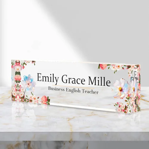 Vista 58 de Placa de identificación personalizada para escritorio, decoración de oficina de acrílico transparente con diseño de flores, decoraciones